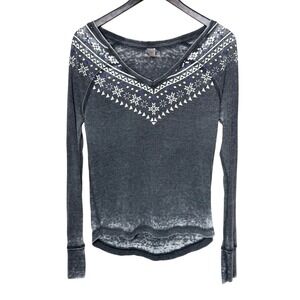 Bongo Womens Gray Acid Wash Waffle Knit Thermal Top Fair Isle Print Size Lg Y2K